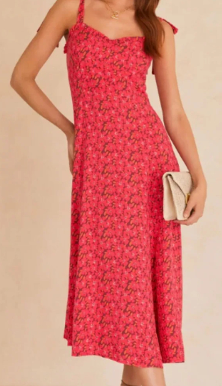 VICI Pink Floral Script Midi Dress Tie Shoulder Straps Sweetheart Neckline S 2-6